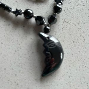 Vintage Hematite Necklace with Star and Cylindrical Beads W/ a Hand Carved Moon.